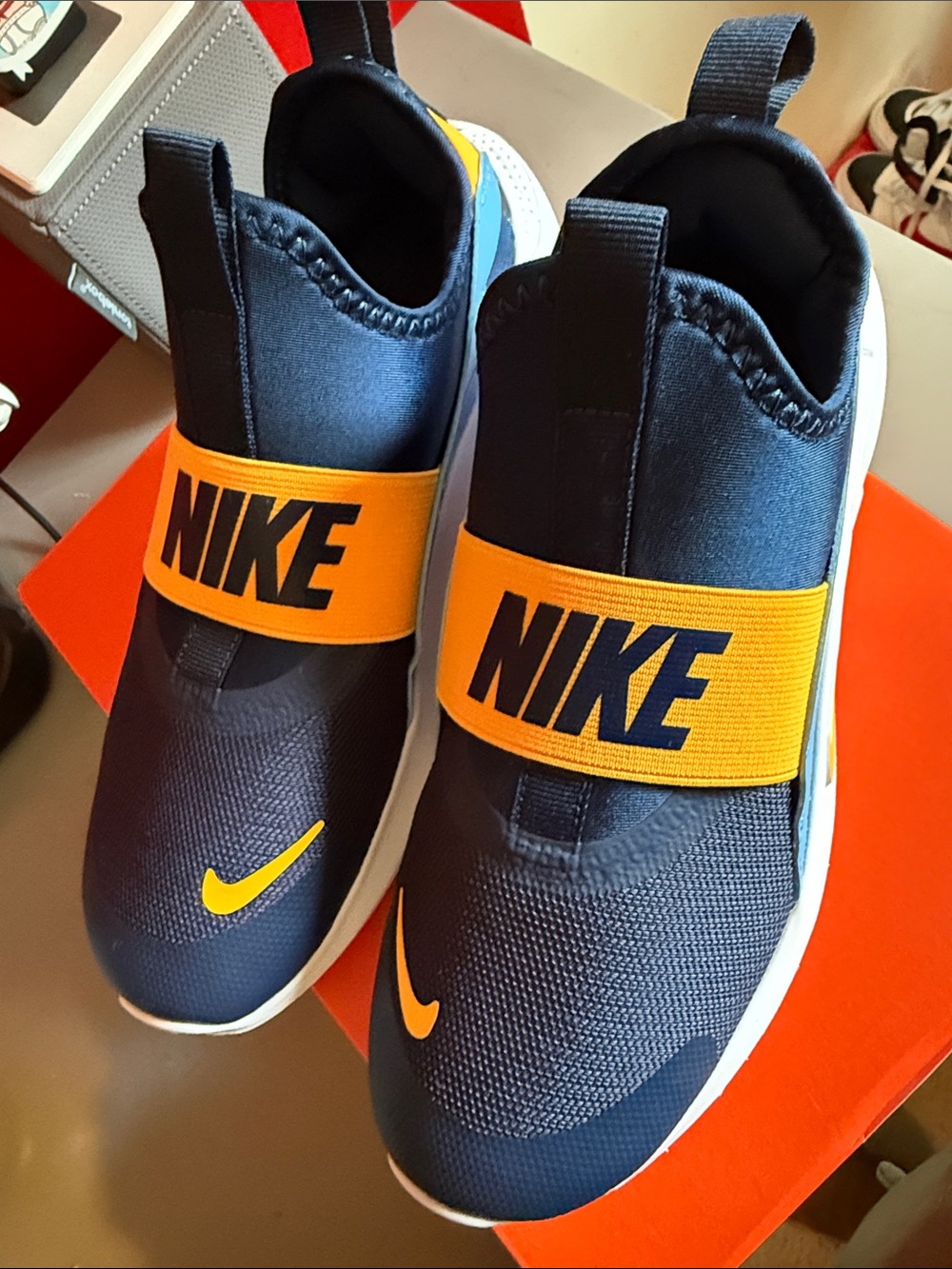 Nike Kids Slip-On Sneakers in Navy and Orange - Picture 3 of 5